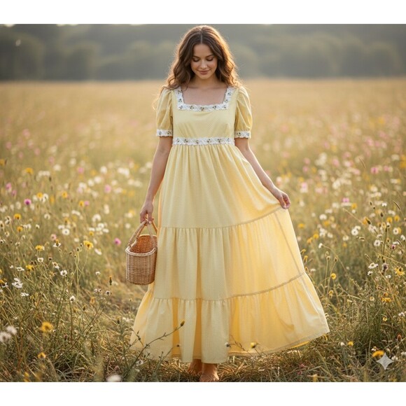 Unbranded Dresses & Skirts - Vintage Butter Yellow Tiered Prairie Maxi Dress Cottage Core Ditsy Bridgerton‎